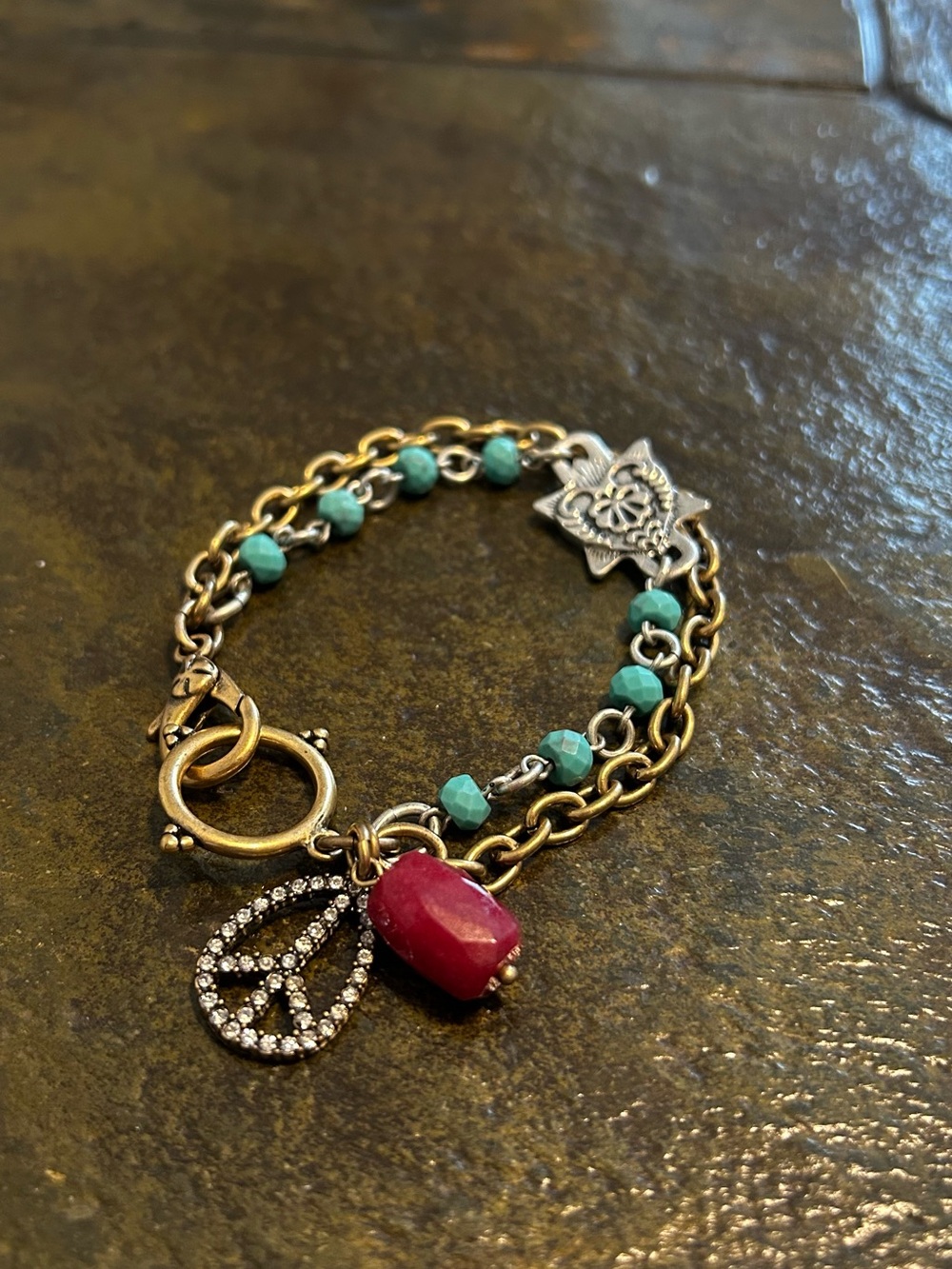 Vintage Turquoise Bead & Red Jasper Charm Bracelet size 6-3/4 - 7